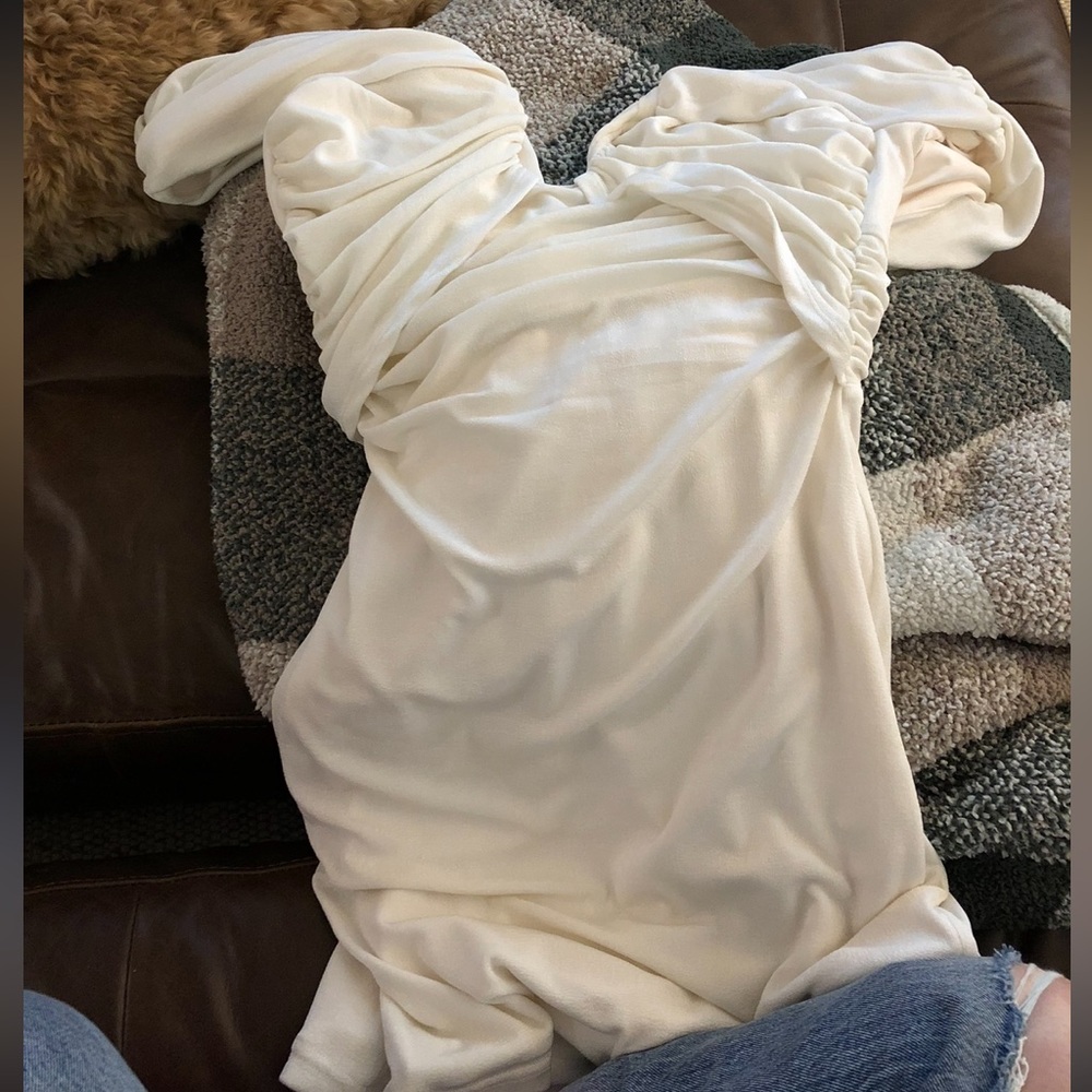 MISHA - Judi off the shoulder draped slinky mini dress. Cream color size US 6 - Picture 5 of 8
